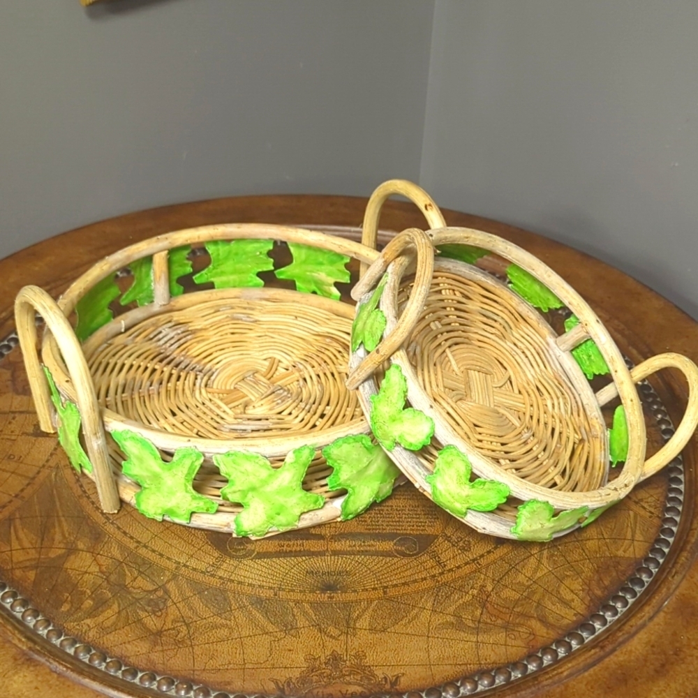 Vintage Wicker Baskets with Metal Green Leaf Accents, Handcrafted In Philippines
